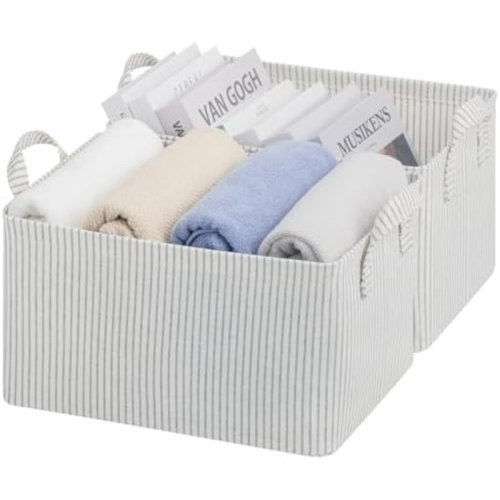 ToccoLeggero Storage Bins, Fabric Storage Bins For Shelves, Storage Baskets With Metal Frame, Closet Baskets And Bins With Handles, Khaki And Beige Stripes, 2-Pack | Wayfair