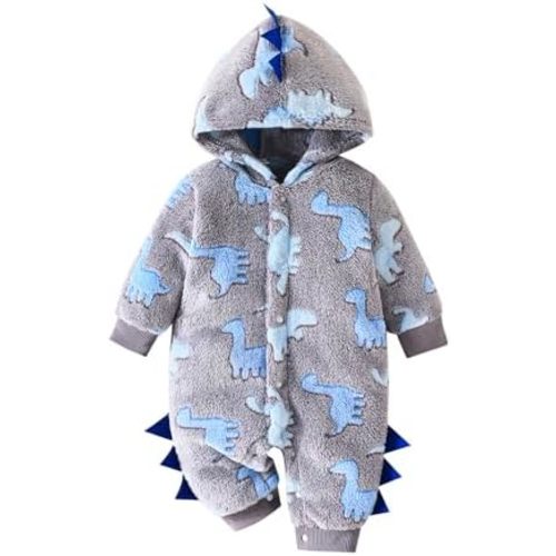 Baby Boys Dinosaur Outfit Fleece Bodysuit Infant One Piece Hooded Button Romper Outerwear Jumpsuit Toddler Jackets