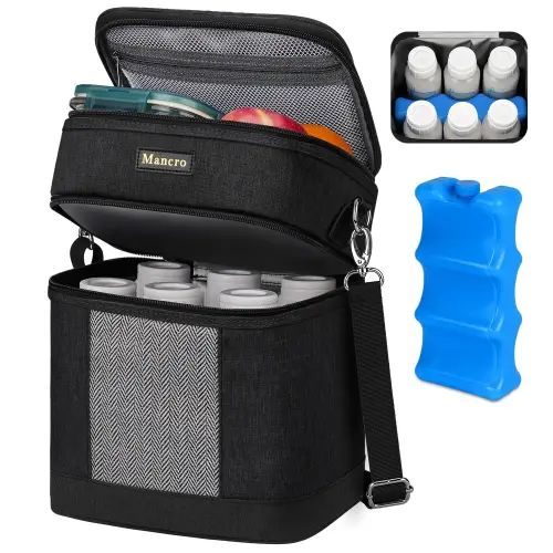 Mancro Breast Milk Cooler Travel Bag with Ice Pack, Double Layer Baby Bottles Bag for Daycare Fits 6 Baby Bottle up to 9 Ounces, Breast Pump Bag for Nursing Moms with Shoulder Strap, Black