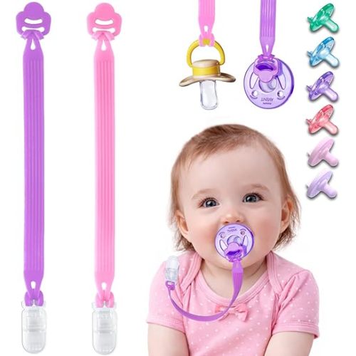 Silicone Pacifier Clip with Adapter Ring for Philips Avent Soothie, 2 Pack One-Piece Soft Binky Clips Holder for Baby Girls Boys, Anti-Loss Paci Clips for Baby Shower Newborn Essentials,Pink Purple