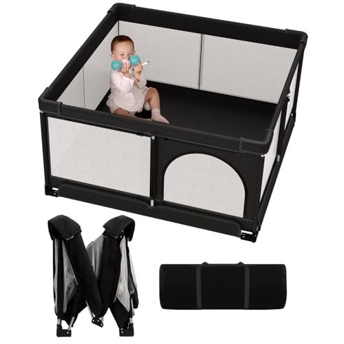 Veraste Foldable Baby Playpen, 51"x51" Indoor & Outdoor Play Yard with Single-Joint Frame, Breathable Mesh, Non-Slip Base, Portable Playpen for Toddlers and Infants (Black)