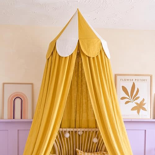 Bed Canopy with Scalloped Edge, 2 Panel Striped, Bright Yellow