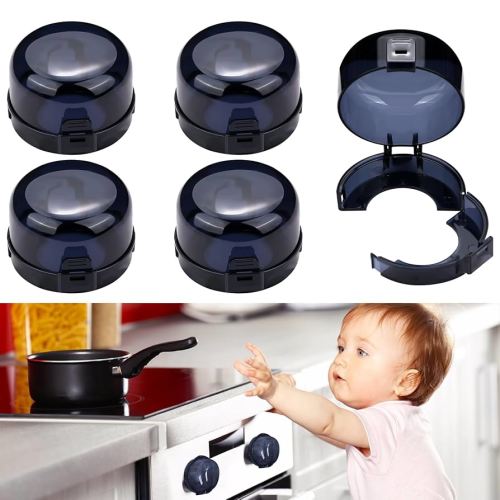 5-Pack Stove Knob Safety Covers,Upgraded Press Gas Stove Knob Locks,Durable Design Childproof Oven Knob Locks for Babies and Pets, Sticky and Easy to Install,Black