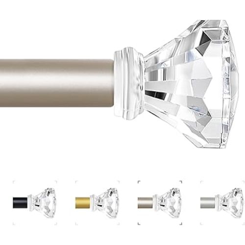 Champagne Gold Decorative Crystal Curtain Rods 36 to 88 Inch:Heavy Duty Adjustable Window Curtains Rods for Living Room Bedroom,Modern Girly Acrylic Drapery Rod with Clear Bling Diamond Finials