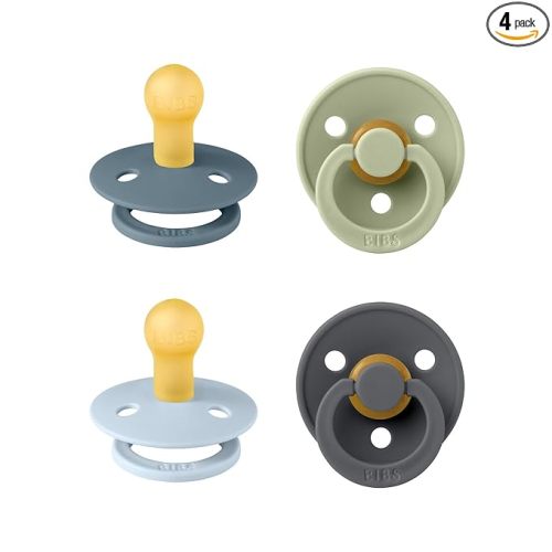 BIBS Pacifiers - Colour 4-Pack | BPA Free Baby Pacifier | Round Nipple Binkies | Natural Rubber Latex Soother | Made in Denmark | Size 1 (0-6 Months) | Baby Blue Mix