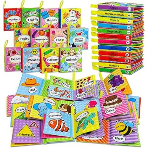 OKOOKO 12PCS Soft Baby Books, Soft Cloth Books, Bath Toys, Crinkle Washable Non-Toxic Early Education Preschool Learning Toy for Newborns Babies Infants Toddlers Kids