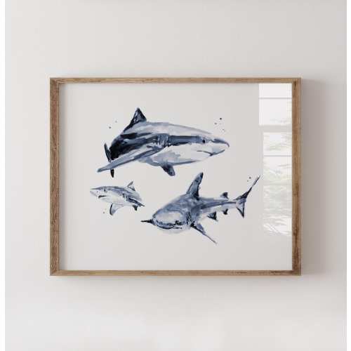 Shark Family of 3 Watercolor Art Print – Ocean Animal Nautical Nursery Wall Decor