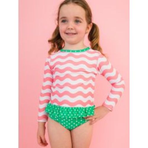 Bubblegum Pink Wavy Stripe Long Sleeve Rash Guard 2-Piece Swimsuit, with Signature Rear Ruffles