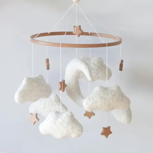 Cloud Mobile for Crib Neutral Baby Mobile for Crib Bassinet Boucle Cloud Baby Crib Mobile for Girls Boys Boho Nursery Mobiles with Wooden Stars