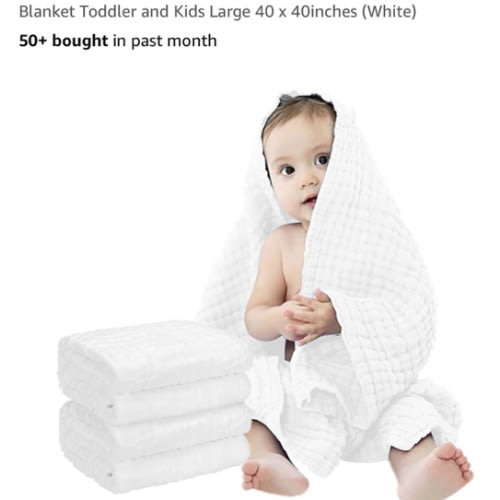 FOOK FISH Muslin Baby Towel Super Soft and Absorbent Cotton Baby Bath Towels 2 Pack 6 Layers Infant Newborn Blanket Toddler and Kids Large 40 x 40inches (White)