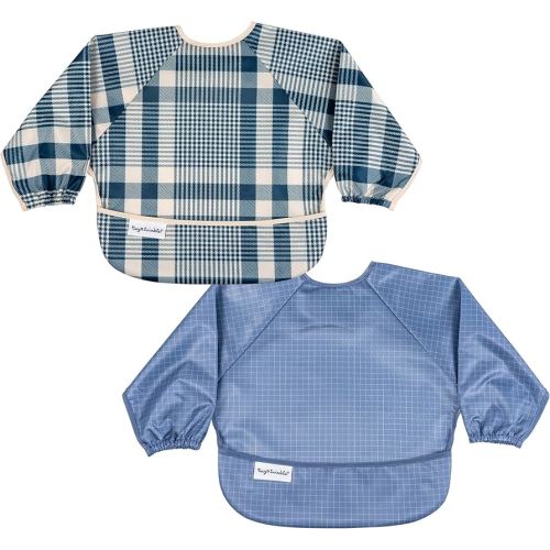 Tiny Twinkle Long Sleeve Bibs for Babies & Toddlers – 2 Pack Waterproof Smock Bibs for Eating – Machine Washable & Mess-Proof, Baby Feeding Essential & Shower Must-Have (Gingham Grid, 6-24M)
