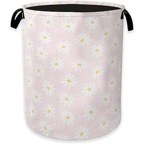 Pink Daisy Flower Laundry Hamper,Spring Floral Clothes Hamper for Laundry,Waterproof Oxford Toy Storage Collapsible Hampers for Bedroom, Dorm Room,Bathroom,16x20 Inch