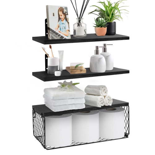 Floating Shelves, 3 Set Wall Mounted Wood Bathroom Shelves with Wire Storage Basket & Hooks, Farmhouse Floating Shelf Bathroom Accessories for Bedroom, Living Room, Kitchen, Bathroom Decor – Black