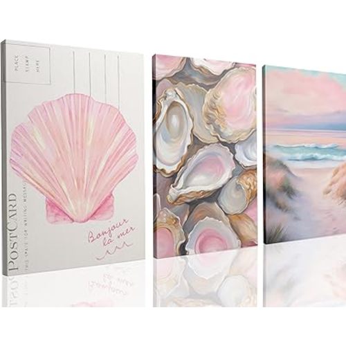 Framed Preppy Coastal Canvas Wall art Pink Beach Daughter Aesthetic Room Wall Decor Shells Oyster Paintings Picture Summer Poster Print for Girls Room Girls Dorm Home Decoration 16'' x 12''