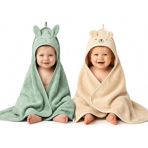 Hooded Baby Towels – 100% Organic Cotton Baby Bath Towels – Baby Boy and Girl Newborn Essentials - Super-Soft and Absorbent. (2-Pack Fog Bear and Roman Green Rabbit)