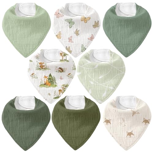 Muslin Baby Bibs 8 Pack, Baby Bandana Drool Bib for Drooling and Teething, Cotton Soft Absorbent for Girls Boys (Sage Green Jungle Animals)