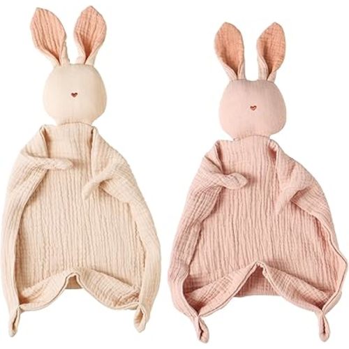 insular Bunny Lovey Blanket for Boys and Girls, Organic Cotton Muslin Security Blanket for Babies, Soft Breathable Lovie Soothing Towel for Newborn and Infant, Pink&Khaki