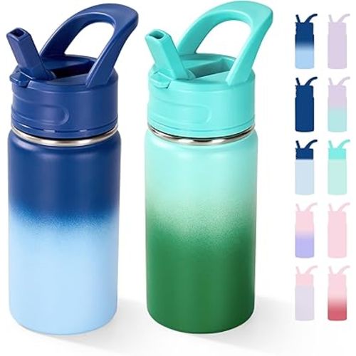 Fijinhom 12oz Kids Water Bottle for School, Toddler Bottles with Straws, Stainless Steel Vacuum Insulated Water Bottle for Boys&Girls, Leak-Proof, BPA-Free, Nature Couple