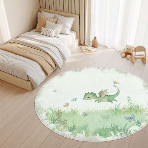 Baby Dragon Nursery Rug – Soft Pastel Green Cute Fantasy Creature Playmat for Kids Room, Calm Watercolor Style Non-Slip Washable Carpet