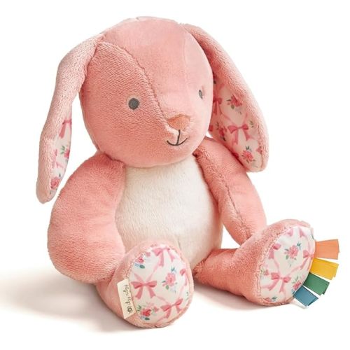 Itzy Ritzy Snuggles Plush Toy – Soft Stuffed Animal for Babies, Kids & Adults – Sensory Ribbons & Textured Fabrics for Tactile Play – Cozy & Cuddly Companion for Newborns & Up (Pink Bunny)