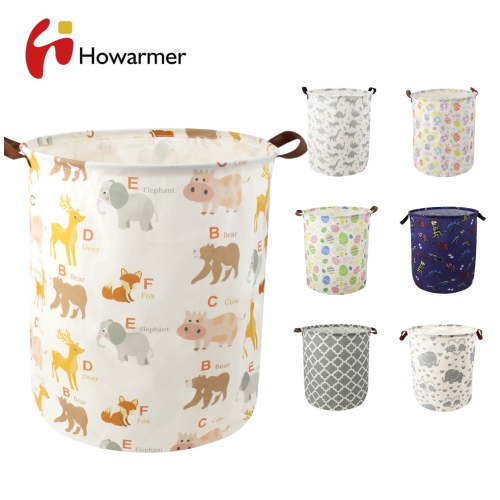 Howarmer Collapsible Laundry Baskets, Nursery Laundry Basket, Canvas Fabric Blanket Basket with Leather Handle, Baby Laundry Basket, Baby Dirty Clothes Basket, (19.7", Colorful Animal)