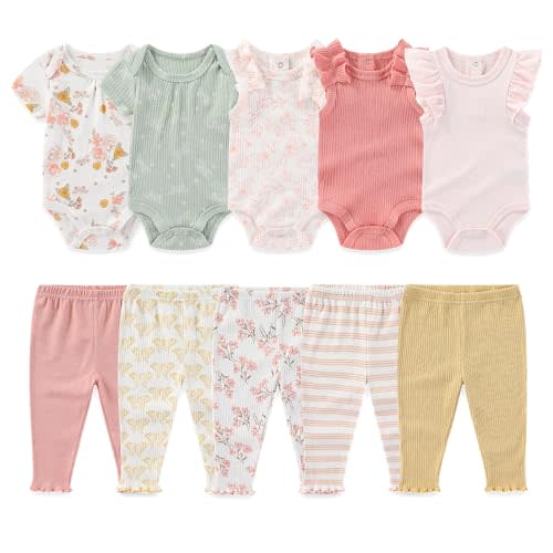 Kiddiezoom Newborn Baby Layette Set 10-Piece with Bodysuits and Pants Set for Unisex Baby Gift Sets