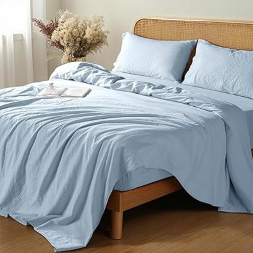 Shilucheng 100% French Linen Sheets - King Size Bed Sheets, Breathable & Cooling Pure Linen Sheets,Soft Durable and Tear Resistant -16 Inch Deep Pocket - 4Pcs (Dusty Blue, King)