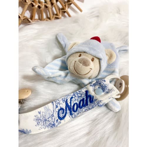 Personalized pacifier clip in toile de jouy, personalized pacifier clip, girl or boy pacifier clip, personalized baby gift, baby birth gift