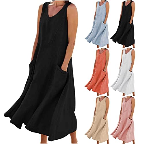 Women's Summer Cotton Linen Long Dress Sleeveless Elegant Flowy Dresses Plus Size Loose Comfy Dress with Pockets