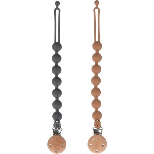 Silicone Pacifier Clips for Baby, 2-in-1 One Piece Design Pacifier Holder & Teething Ring Toy, BPA Free, 2 Pack (Clay+Dark Grey)