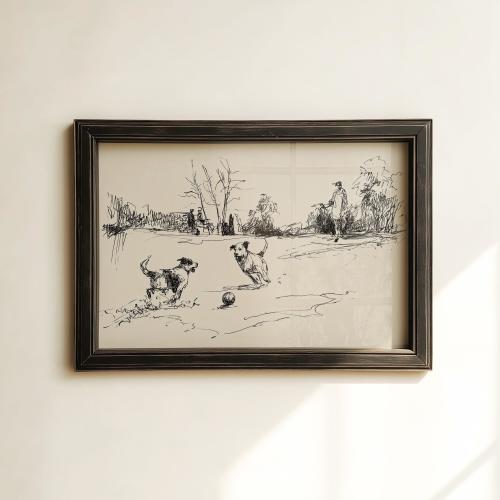 Vintage Dog Park Print, Rustic Woodland Puppy Sketch, Cozy Farmhouse Cottagecore Home Decor, Digital Download