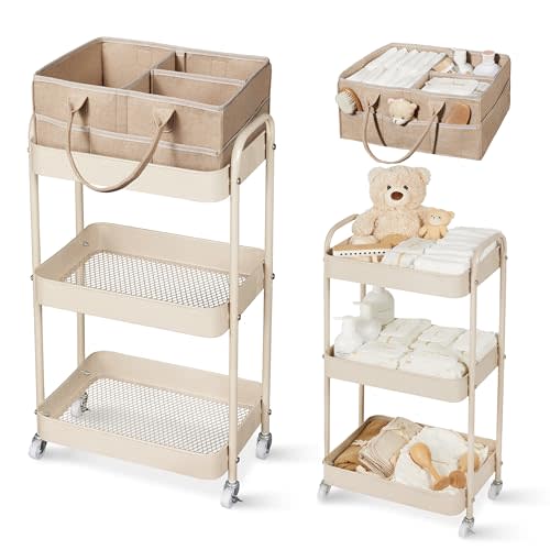 Fortella Baby Diaper Caddy, 3 Tier Rolling Cart for Baby Essentials, Taupe | Diaper Cart with Detachable Dividers, Nursery Storage & Bottle Organizer, Bedside Caddy for Bedroom and Living Room