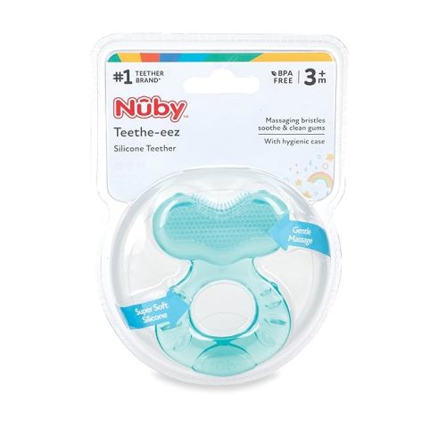 Nuby Silicone Teethe-EEZ Teether | Bristles - Includes Hygienic Case - Aqua