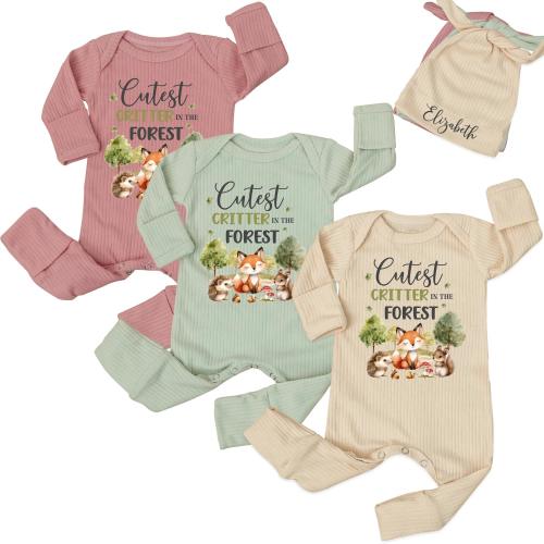 Cutest Critter in the Forest Newborn Outfit, Woodland Baby Bodysuit and Hat Set, Personalized Baby Gift