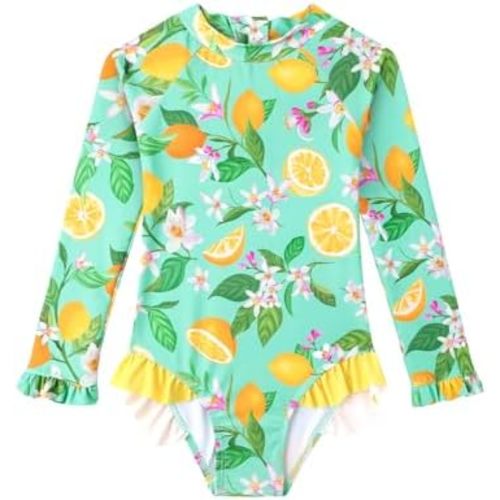 Baby Toddler Girl Long Sleeve Ruffle Swimsuit One Piece Zipper Rash Guard Bathing Suit with UPF 50+ Sun Protection