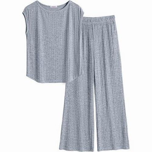 Ekouaer 2 Piece Lounge Sets for Women Matching Summer Outfits Casual Ribbed Knit Cap Sleeve Wide Leg Pants Sets Blue M