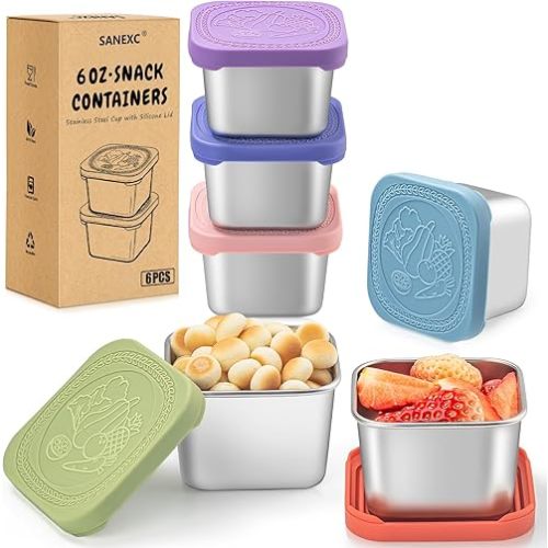6 Oz Stainless Steel Snack Containers for Kids - 6 Pack Metal Food Containers with Lids Silicone Easy Open 100% Leak Proof BPA Free Reusable Baby Lunch Box for Daycare Travel and Office