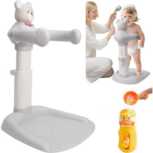 2-in-1 Adjustable Infant Baby Bath Standing Support Set Bear Design with Toy Duck | Joyful Bath Time Bundle for Infants & Toddlers | Portable Non-Slip Shower Holder Stand Station | Bañera para Bebé con Soporte de Ducha Ajustable, Diseño Ergonómico y Antid