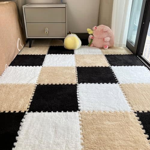 12pcs Carpet Squares Puzzle Floor Mat, Plush Interlocking Carpet Tiles, Anti Slip EVA Foam Jigsaw Floor Tiles, Build A Safe Area for Bedroom Playroom (White+Beige+Black)