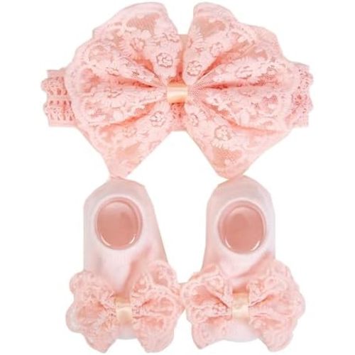 Baby Girls Bows Turban Hat Newborn Knitted Baby 100 Day Hat with Short Socks Set.(MZ28)