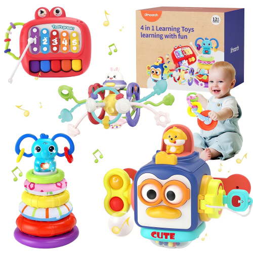 Dimoarch 4 in 1 Baby Toys 6-12 Months Boys Girls, Montessori Babies Toy, Infant Teething Toys Suitable for 3-6-12 Months Old Baby Boys and Girls Toy Bundles Gift