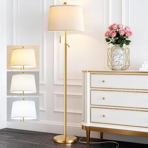Gold Floor Lamp for Living Room, Modern Standing Lamp 55-67" Height Adjustable Brass Tall Floor Lamp with Pull Chain Switch and 3 CCT LED Blub for Living Room, Bedroom, Office & Corner Reading