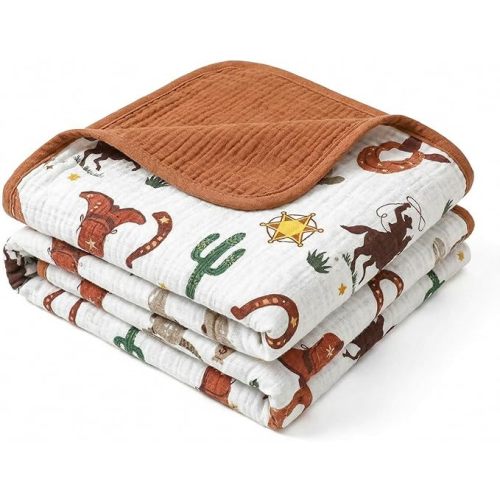 Western Cowboy Muslin Baby Blankets for Girls Boys, 100% Cotton Crib Blanket for Infant Toddler, 40 x 36 Inch Soft and Lightweight Nursery Swaddling Wrap