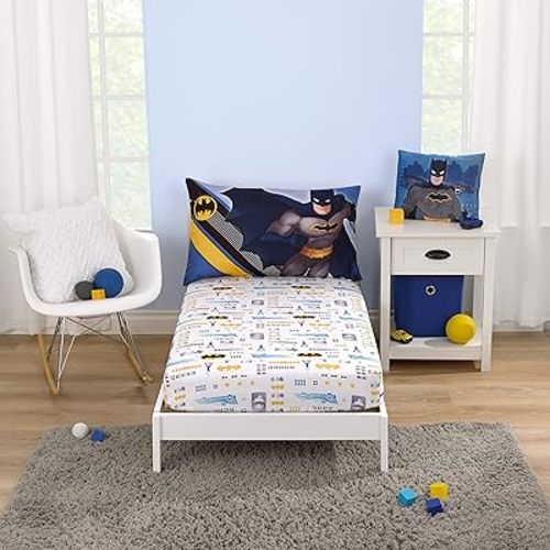 Warner Brothers Batman The Caped Crusader Blue, Gray, and Yellow Bat-Signal and Batmobile 2 Piece Toddler Sheet Set - Fitted Bottom Sheet and Reversible Pillowcase