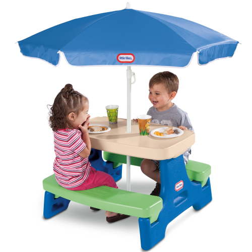 Little Tikes Easy Store Jr. Outdoor Toddler Picnic Play Table with Umbrella, Blue & Green Kiddie Bench