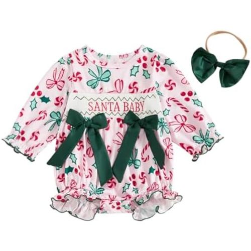 Newborn Baby Girl Christmas Outfit Smocked Bubble Romper Letter Embroidery Candy Cane Bow Bodysuit Xmas Clothes