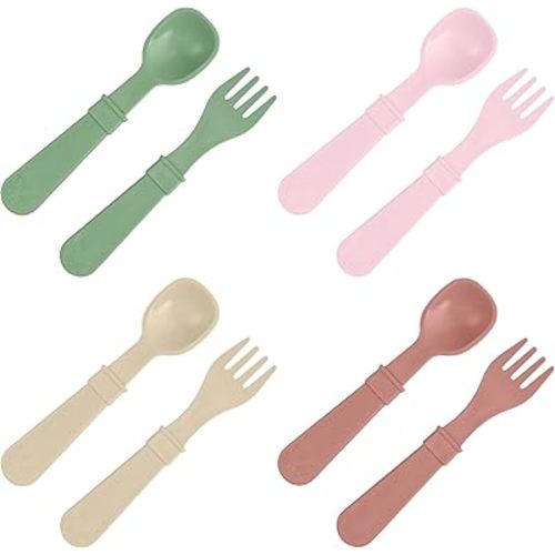 Re-Play Toddler Forks and Spoons Set - 4x4 Utensils Set for Kids - Dishwasher and Microwave Safe - Made in USA - Set of 8-5.8" x 1.2" x 0.2" - Desert Roses