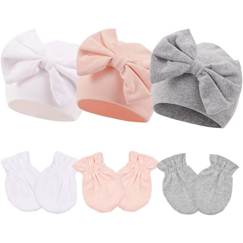 Newborn Beanie Hat Gloves Set, Baby Girl Beanie Spring Summer Autumn Winter Hats for Newborn Infant Cotton