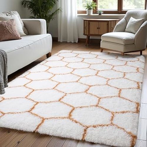 Zentavio Area Rugs for Living Room Rugs for Bedroom 4x6 Carpet Fluffy Fuzzy Soft Shag Aesthetic Plush High Pile Throw Rug for Nursery Kids Room Dorm Honeycomb Khaki