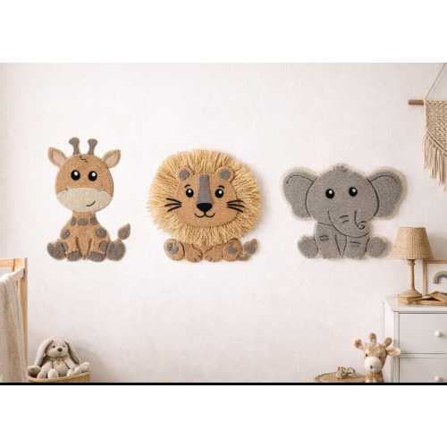 Kids Jungle Animals Decor, Wall Art  Nursery/Bedroom Layered boucle fabric Jungle Animals Elephant, Lion or Giraffe